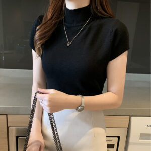 Spring Summer Women Knitted T-Shirts Short Sleeve Shirts Tops Female Elastic Slim Casual Knit Tee Crop Tops Women’s T-Shirts