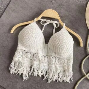 Women Beach Crop Tops Hollow Cover-Ups Perspective Tassel Sexy Spaghetti Strap Swinwear Built In Bra Backlless Halter Neck