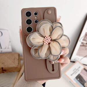 For Samsung Galaxy S24 S23 S22 S21 FE Ultra A14 A24 A34 A54 A53 A05S 3D Flower Brown Khaki Wrist Strap Holder Classic Back Case