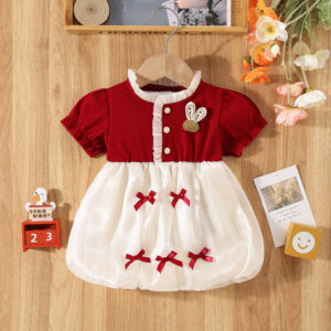 Summer New Baby Girls Dress Puffy Sleeve Lace Ruffle Puffy Sleeve Sweet Princess Bunny Decorative Ribbon Bow (0-3 Years Old Girls)
