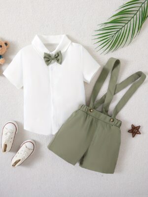 Boys Summer Set Bow Short sleeved Shirt and Strap Shorts Party Birthday Performance Gentleman Dress Set