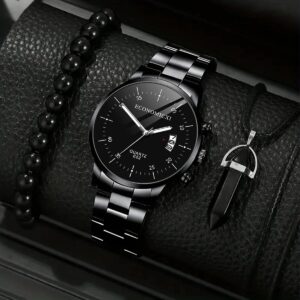 3Pcs Men’s Fashion Business Casual Three Eyes Calendar Luminous Digital Steel Band Quartz Watch Crystal Necklace Bracelet Set