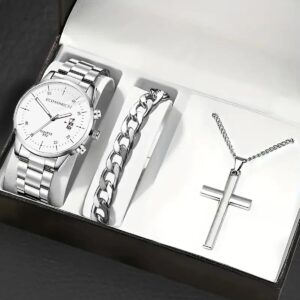 3Pcs Men’s Fashion Business Casual Three Eyes Calendar Luminous Digital Steel Band Quartz Watch Crystal Necklace Bracelet Set