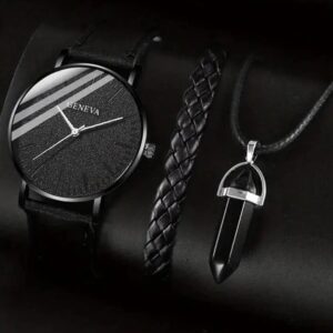 4Pcs/set Men’s Fashion Business Sports Brown Leather Quartz Watch With Beaded Bracelet Set