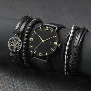 4Pcs/set Fashion Ultra-thin Casual Men’s Business Belt Calendar Quartz Watch And All-matching Beaded Bracelet Ramadan Gift Set