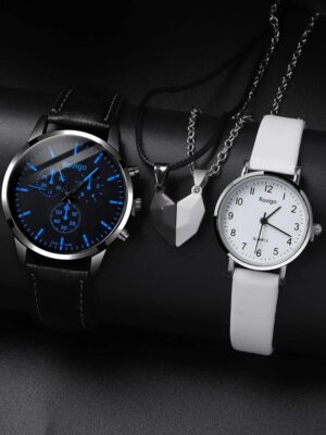 4pcs Fashion Versatile Creative Personalized Men and Women Couple Watch Quartz Watch with Love Pendant Necklace Combination Set