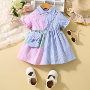 Girls Dress With Lapel Flared Sleeves Button Closure Waist Puffy Skirt Butterfly Bag Loose Travel New Style