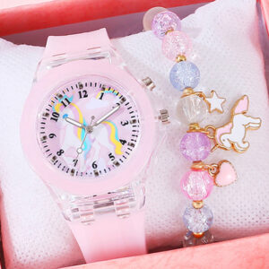 1pcs Women’s Unicorn Digital Light Watch +1pcs Unicorn Colorful Crystal Bracelet Set for Mother’s Day Gift