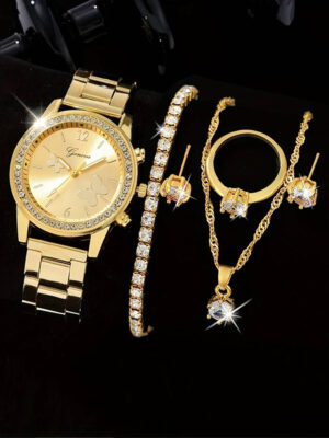 6 Pieces of Fashionable and Versatile Diamond Inlaid Rhinestone WOMEN’S Quartz Steel Band Watch+necklace+earrings+ring+bracelet