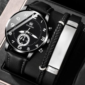 2Pcs Set Fashion Mens Watches Leather Band Quartz Wrist Watch Men Luxury Business Watches Men Minimalist Black Watch