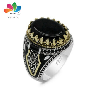 Men Ring Vintage Punk Metal Carving Ancient Pattern Two Tone Decorative Gift Faux Agate Inlaid Male Party Ring Wedding Jewelry