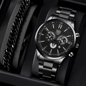 2pcs Fashion Men’s Casual Business Sports Stainless Steel Quartz Wristwatch Calendar Male Classic Bracelet Set Luminous Clock