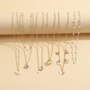 Enacolor 6Pcs/Set Vintage Pearl Metal Butterfly Heart Necklace Pendant for Girl Accessories