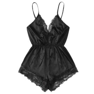 Summer New Sexy Fashion Women Lace Splice Trim Backless Bow Shorts V-Neck Bodysuit Women Sleep Wear Set