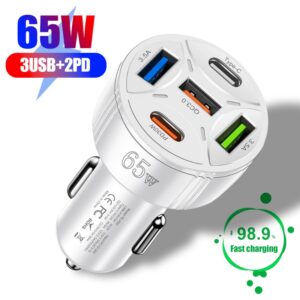 65W Fast Charging 5 Ports Car Charger Lighter QC 3.0 3USB+2PD Type C Phone Charger Power Adapter Auto Interior Accessories