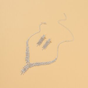 Silver Color Rhinestone Crystal Bridal Jewelry Set Feather Shape Necklace Earrings Romantic Wedding Jewelry Gifts New Fashion