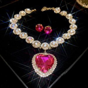 2 Pcs Rhinestone Heart Pendant Necklace Set Exaggerated Geometric Earring Light Luxury Temperament Fashion Women’s Jewelry Sets