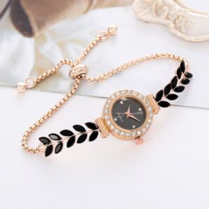 Elegant Round Quartz Wrist Watch Rhinestone Leaves Women Bracelet Women Chain Ladies