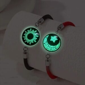 2Pcs Fashion Romantic Couple Bracelet Sun and Moon Lovers Adjustable Woven Bracelet Glow in The Dark Stainless Steel Charm Bracelet Gift