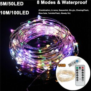 USB 10M 8 Modes 100 LED String Light/Fairy String Light Christmas Waterproof Copper Wire LED String Fairy Light Battery Powered Remote Control for Wedding Christmas Decor
