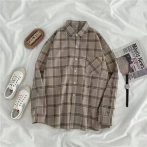 JMPRS Vintage Women Plaid Shirts Autumn Long Sleeve Oversize Button Up Tops Korean Loose Casual Fall Outwear Femme Shirts