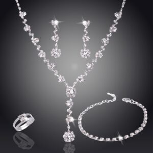 Women’s Silver Color Fashion Wedding Jewelry Luxury Crystal Pearl Necklace/Bracelet/Ring/Earrings Ladies Jewelry Sets for Bridal