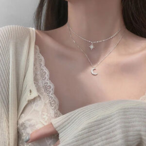 Korean Style Star Moon Butterfly Pendant Choker Necklace Double Layer Clavicle Chain For Women Girl Jewelry Accessories Creek