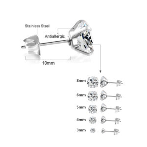 LUXUSTEEL 1 Pairs Shiny Crystal Zircon Stud Earrings For Women Men Round Beads Screw Back Needle CZ Ear Stainless steel 3-8mm