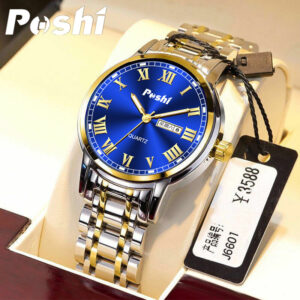 POSHI Stainless Steel Quartz Wrist Watch for Man Luxury Week Date Display Luminous Bracelet Fashion Men’s Watch Original Clock