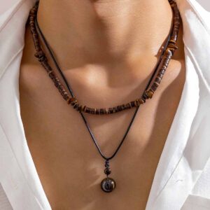 KunJoe 2pcs/set Natural Stone Pendant Necklace for Men Vintage Wood Beads Skin Wax Thread Choker Necklace