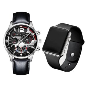 2Pcs Men’s Fashion Simple Business Three Eye Calendar Digital Pointer Leather Quartz Watch Block LED Electronic Watch Set