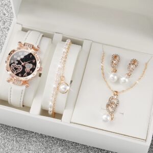 4pcs/set Women’s Shiny Rhinestone Quartz Watch Analog PU Leather Wrist Watch & Faux Pearl Jewelry Set, Gift For Mom Her