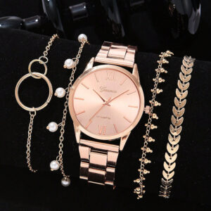 5PCS Quartz Watch Set Women Fashion Silver Round 3 Eyes Alloy Strap Wristwatch Gift Rhinestone Watch For Women Jewelry Set