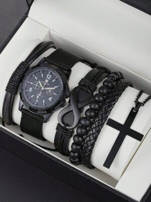 6pcs_Set Fashionable Pu Leather ‘8’ Shape Beaded Bracelet With Mechanical Watch, Cross Pendant Necklace For Men, Black-Colored