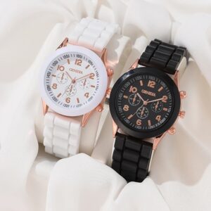 2Pcs Luxury Women’s Watch Set Fashion Luxury Elegant Alloy Wristwatch Silicone Strap Couple Watch Men Quartz Holiday Gifts
