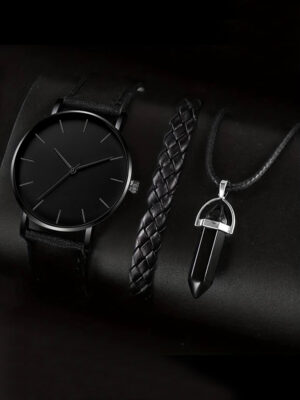 3PCs Men’s Simple Round Belt Quartz Watch+Woven Bracelet+Necklace Combination Set