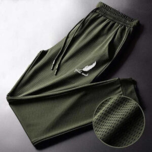Men’s Summer Ice Silk Pants Mesh Breathable Casual Thin Quick Dry Pants Loose Elastic Beam Feet Pants Sports Fitness Trousers