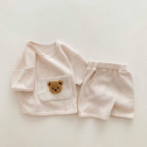 2024 Summer Baby Clothing Set Baby Casual Homewear Set Waffle Bear Te and Shorts 2 Pcs Suits for Baby Boys Girls