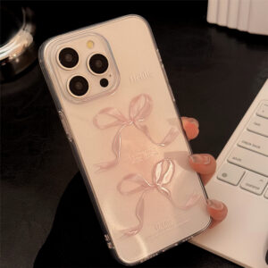 Pink Bow Case for iPhone 14 11 12 Pro Max 13 15 Plus Xs XR 7 8 2020 SE Lucky Phone Case Clear House Bumper Cover Shockproof