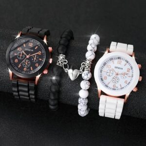 4pcs Fashionable, Minimalist, and Versatile Men AND WOMEN’S Couple Watch Pairing with Love Bead Bracelet Set