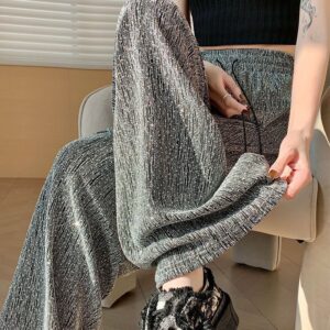 Party Casual Women’s Long Pant Elastic Waist Bright Diamond Crystal Wide Leg Pants Elegant Retro Drawstring Y2K Women’s Trousers