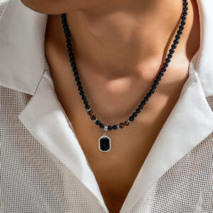 Salircon Simple Black Tiger Stone Beaded Clavicle Necklace Punk Geometric Stainless Steel Pendant Choker For Men Casual Jewelry