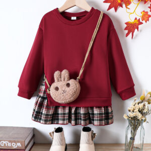 Spring And Autumn Girls Set Round Neck Long Sleeve Sweater Plaid Short Skirt Fashion Cute Children