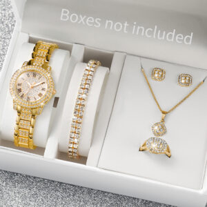 6PCS/Set Women’s Watch Fashion Full Diamond Steel Band Analog Quartz Watches Jewelry Set(Without Box)