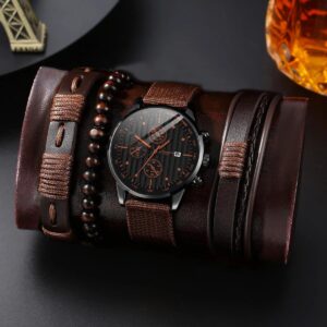 5Pcs Men’s Fashion Trend Simple Business Three Eyes Calendar Digital Leather Strap Quartz Watch Luxury Leather Bracelet Set