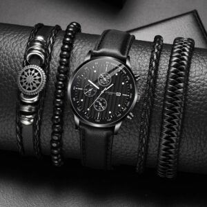 5Pcs Men’s Fashion Trend Simple Business Three Eyes Calendar Digital Leather Strap Quartz Watch Luxury Leather Bracelet Set