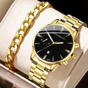 2Pcs Men’s Fashion Business Casual Three Eyes Calendar Luminous Digital Steel Band Quartz Watch Alloy Bracelet Set