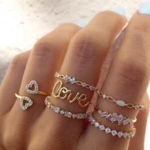 Enacolor 7Pcs/Set Elegant Golden Heart Love Set Rings Luxury Zircon Crystal Metal Ring Jewelry Accessories for 2024 New
