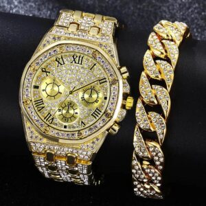 2Pcs Fashion Trend Luxury Luxury Hip Hop Three Eyes Rome Full Of Diamonds British Watch Atmospheric Diamond Bracelet Gift Set