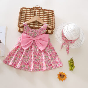 Summer 2-Piece Baby Dress+Sun Hat Bow Strap Floral Baby Girl Dress Soft And Comfortable Children’S Clothing